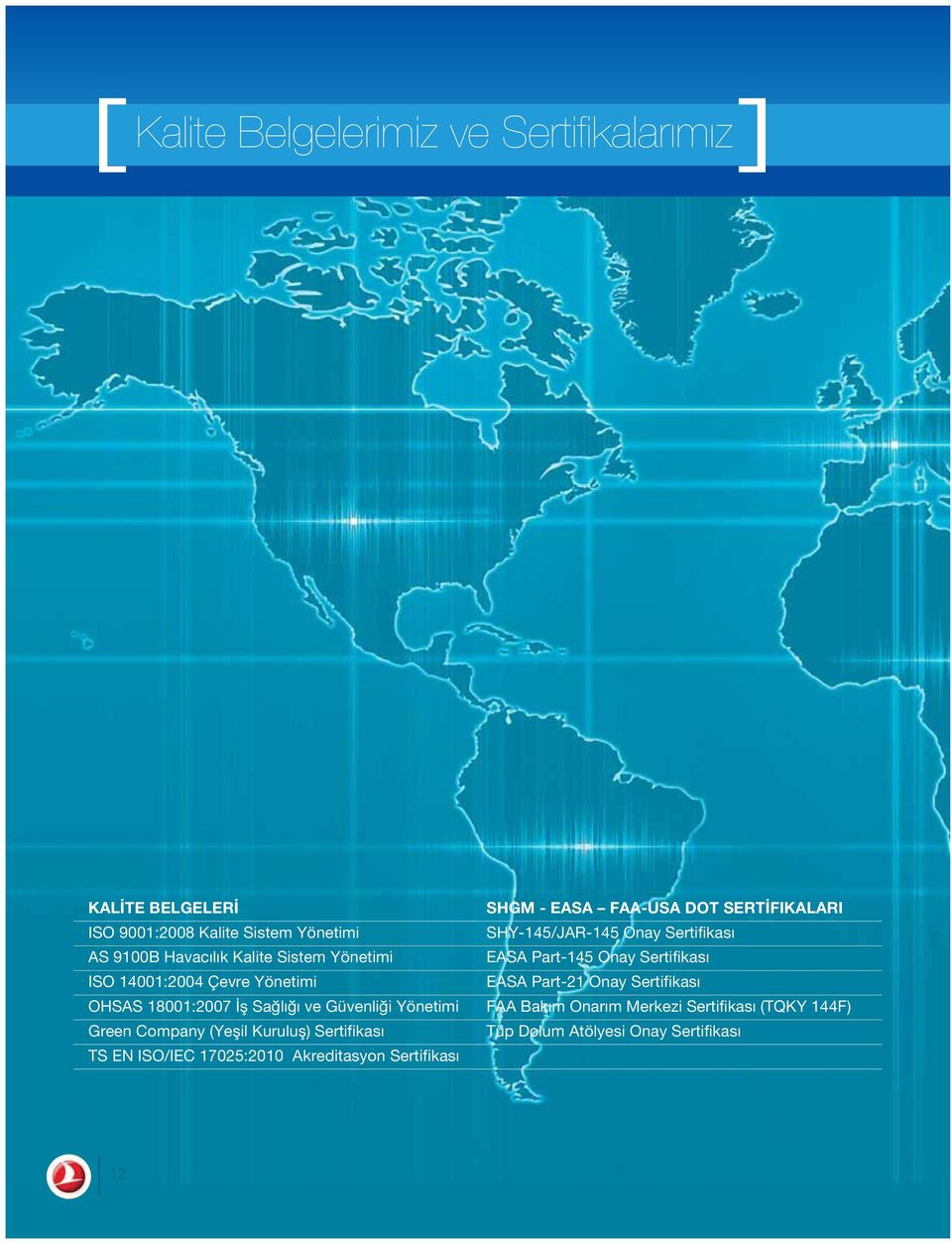 TS EN ISO/IEC 17025:2010 Akreditasyon Sertifikas SHGM - EASA FAA-USA DOT SERT FIKALARI SHY-145/JAR-145 Onay Sertifikas EASA