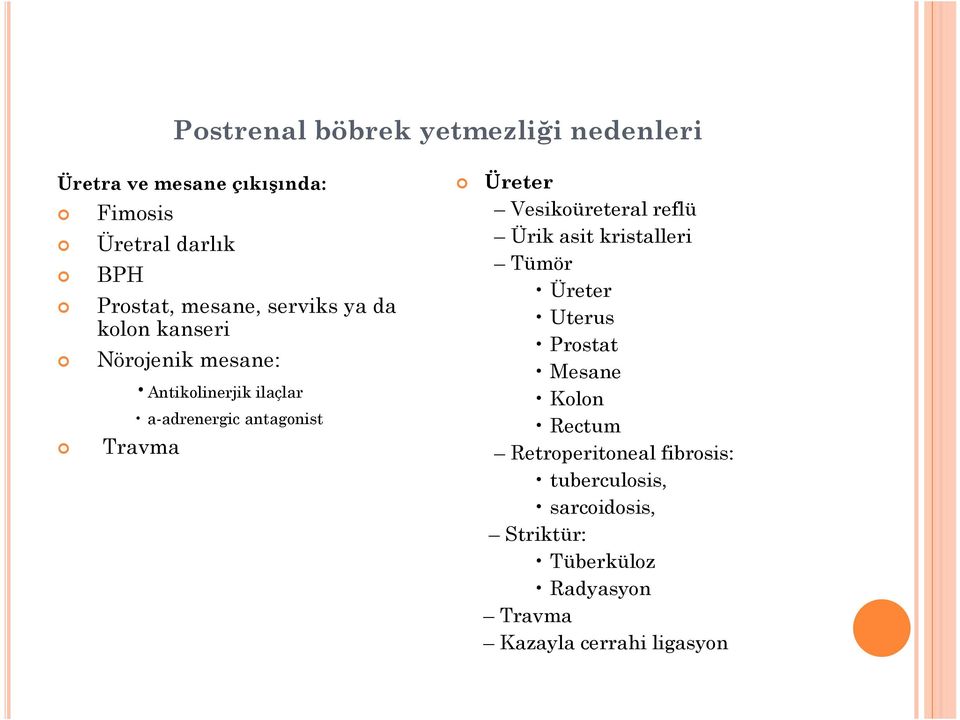 Travma Üreter Vesikoüreteral reflü Ürik asit kristalleri Tümör Üreter Uterus Prostat Mesane Kolon Rectum