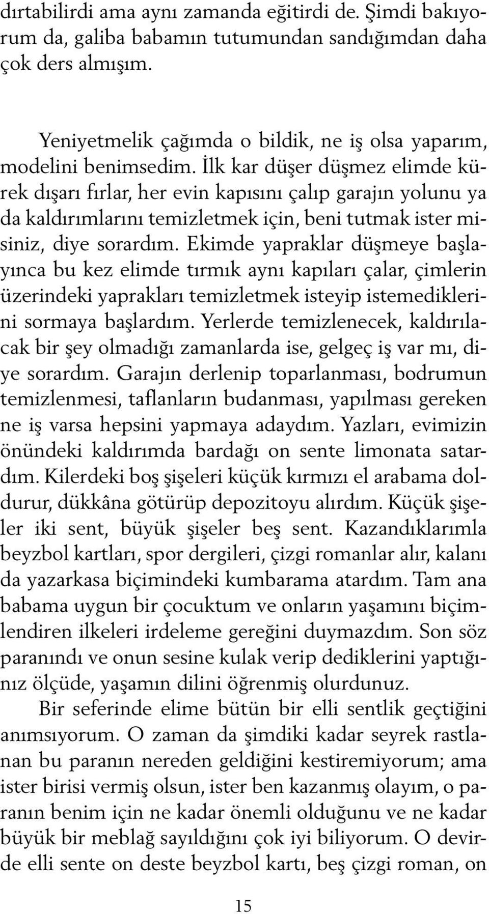 Ekimde yapraklar düşmeye başlayınca bu kez elimde tırmık aynı kapıları çalar, çimlerin üzerindeki yaprakları temizletmek isteyip istemediklerini sormaya başlardım.