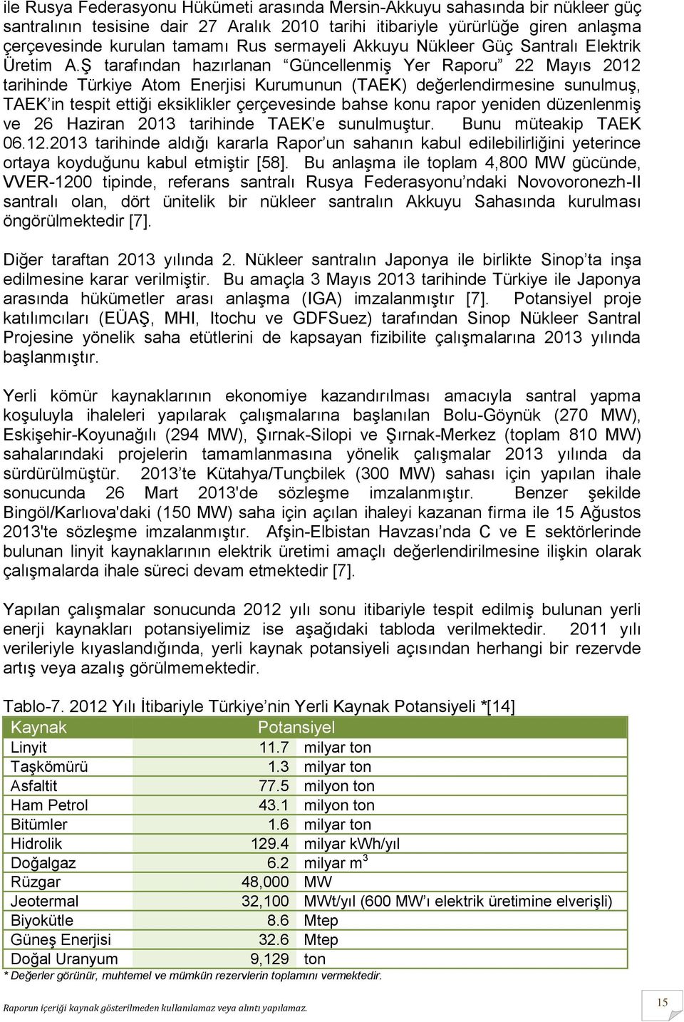 Ş tarafından hazırlanan Güncellenmiş Yer Raporu 22 Mayıs 2012 tarihinde Türkiye Atom Enerjisi Kurumunun (TAEK) değerlendirmesine sunulmuş, TAEK in tespit ettiği eksiklikler çerçevesinde bahse konu