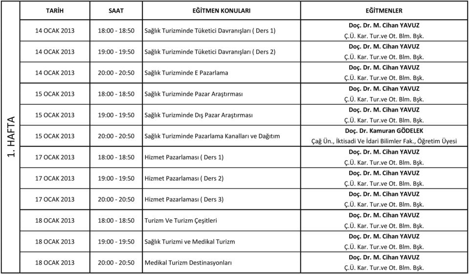 20:00-20:50 Sağlık Turizminde Pazarlama Kanalları ve Dağıtım 17 OCAK 2013 18:00-18:50 Hizmet Pazarlaması ( Ders 1) 17 OCAK 2013 19:00-19:50 Hizmet Pazarlaması ( Ders 2) 17 OCAK 2013 20:00-20:50