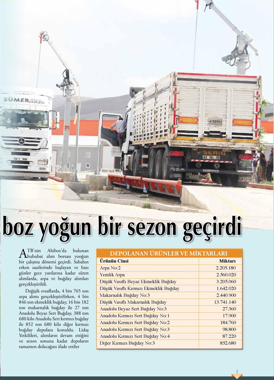 Değişik evsaflarda, 4 bin 765 ton arpa alımı gerçekleştirilirken, 4 bin 846 ton ekmeklik buğday, 16 bin 182 ton makarnalık buğday ile 27 ton Anadolu Beyaz Sert Buğday,