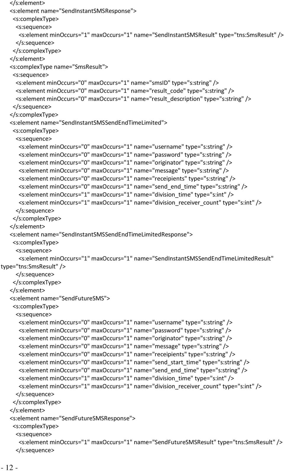 type="s:string" /> <s:element name="sendinstantsmssendendtimelimited"> <s:element minoccurs="0" maxoccurs="1" name="username" type="s:string" /> <s:element minoccurs="0" maxoccurs="1" name="password"