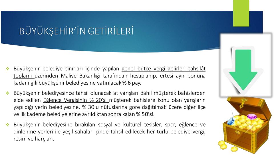 Büyükşehir belediyesince tahsil olunacak at yarışları dahil müşterek bahislerden elde edilen Eğlence Vergisinin % 20 si müşterek bahislere konu olan yarışların yapıldığı yerin