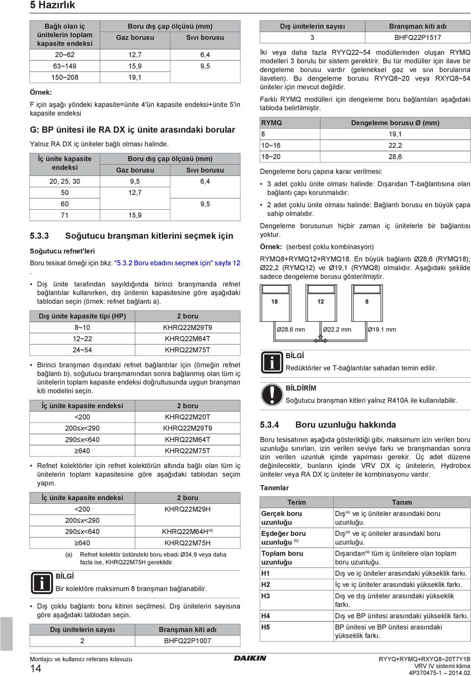 İç ünit kpsit nksi Boru ış çp ölçüsü (mm) Gz orusu Sıvı orusu 20, 25, 30 9,5 6,4 50 12,7 60 9,5 71 15,9 5.3.3 Soğutuu rnşmn kitlrini sçmk için Soğutuu rnt'lri Boru tsist örnği için kz. "5.3.2 Boru ını sçmk için" sy 12.