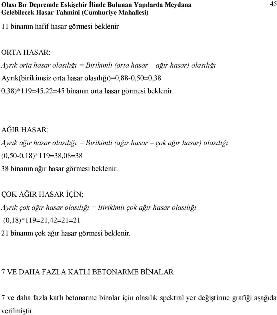 AĞIR HASAR: Ayrık ağır hasar olasılığı = Birikimli (ağır hasar çok ağır hasar) olasılığı (0,50-0,18)*119=38,08=38 38 binanın ağır hasar görmesi beklenir.