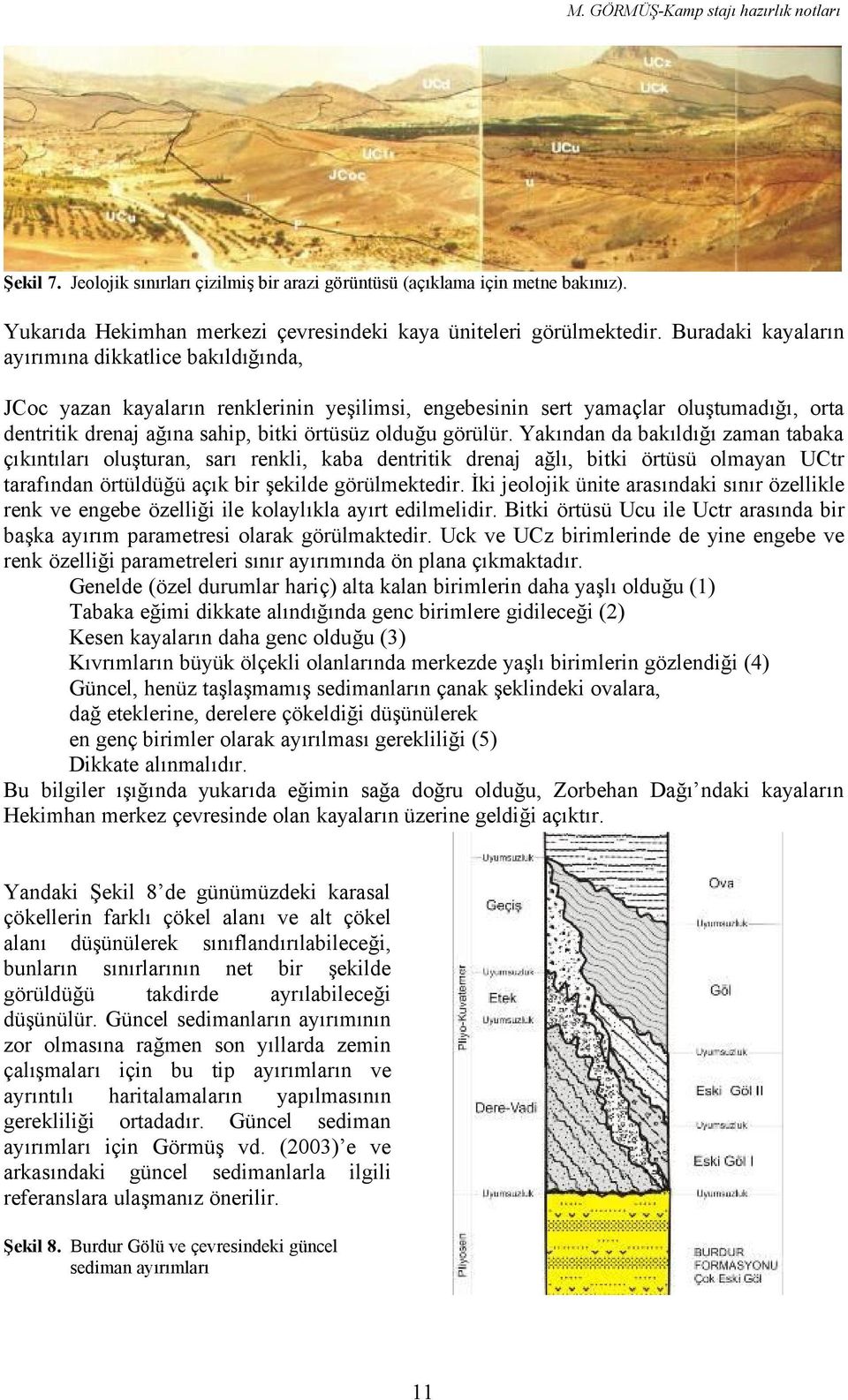 görülür. Yakından da bakıldığı zaman tabaka çıkıntıları oluşturan, sarı renkli, kaba dentritik drenaj ağlı, bitki örtüsü olmayan UCtr tarafından örtüldüğü açık bir şekilde görülmektedir.