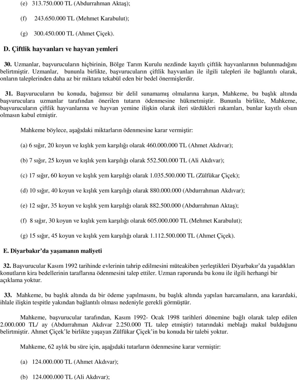 Uzmanlar, bununla birlikte, başvurucuların çiftlik hayvanları ile ilgili talepleri ile bağlantılı olarak, onların taleplerinden daha az bir miktara tekabül eden bir bedel önermişlerdir. 31.