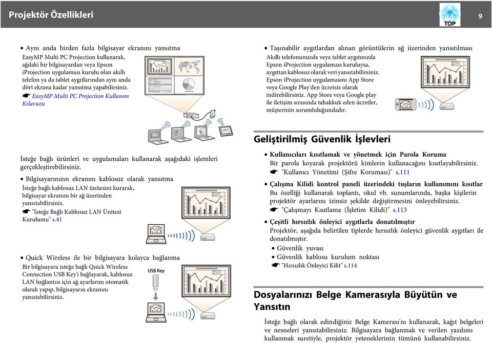 s EsyMP Multi PC Projection Kullnım Kılvuzu Tşınbilir ygıtlrdn lınn görüntülerin ğ üzerinden ynsıtılmsı Akıllı telefonunuzd vey tblet ygıtınızd Epson iprojection uygulmsı kuruluys, ygıttn kblosuz