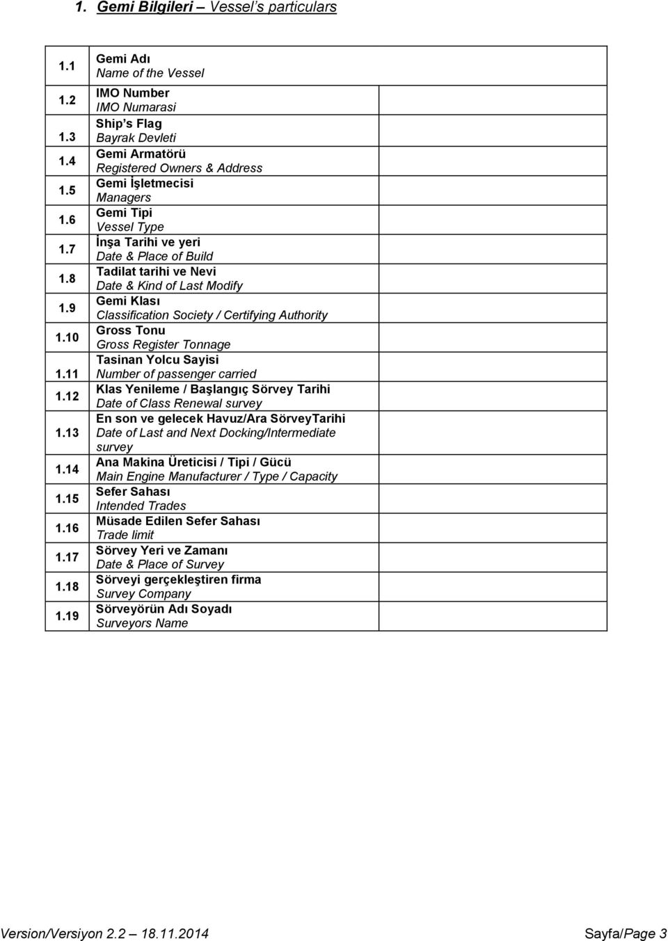 Place of Build Tadilat tarihi ve Nevi Date & Kind of Last Modify Gemi Klası Classification Society / Certifying Authority Gross Tonu Gross Register Tonnage Tasinan Yolcu Sayisi Number of passenger