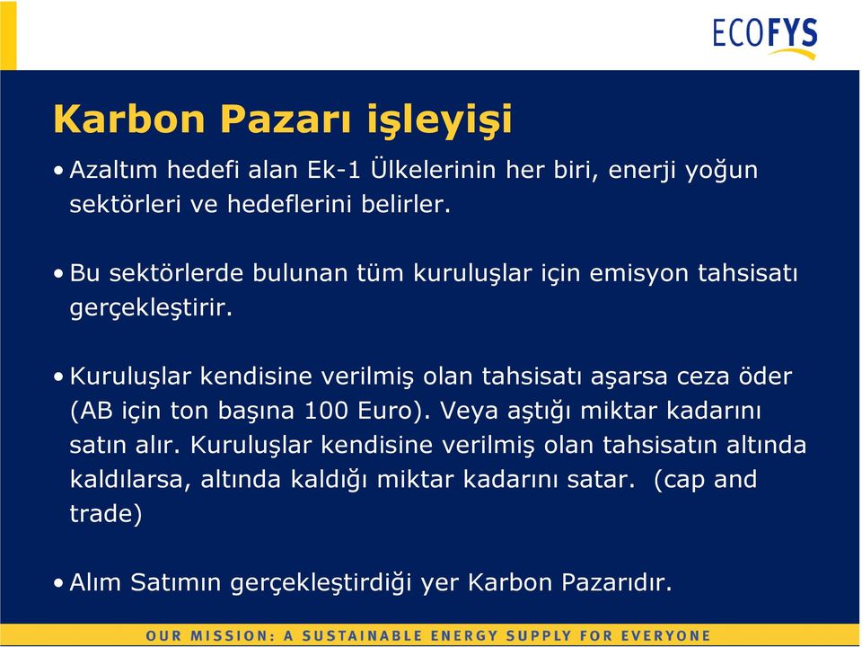 Kuruluşlar kendisine verilmiş olan tahsisatı aşarsa ceza öder (AB için ton başına 100 Euro).