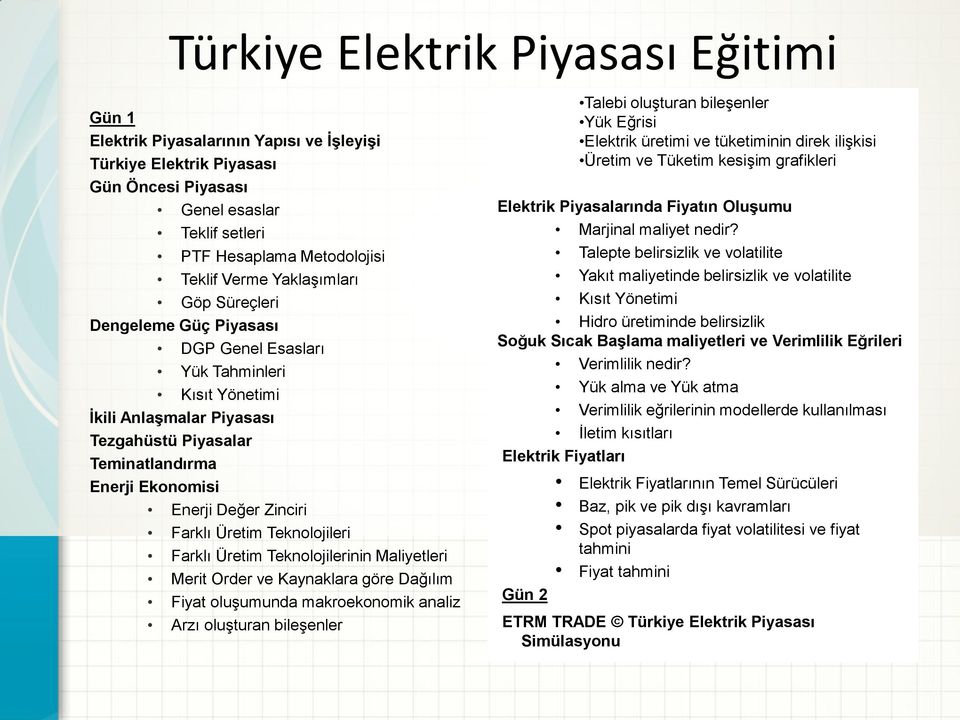 Farklı Üretim Teknolojileri Farklı Üretim Teknolojilerinin Maliyetleri Merit Order ve Kaynaklara göre Dağılım Fiyat oluşumunda makroekonomik analiz Arzı oluşturan bileşenler Talebi oluşturan