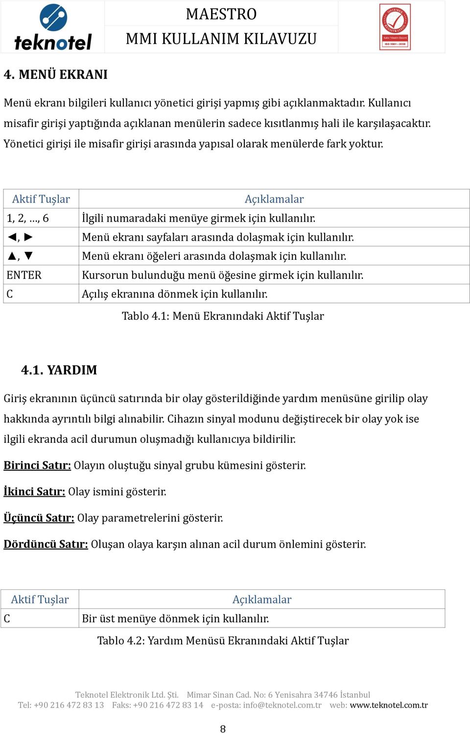 , Menü ekranı öğeleri arasında dolaşmak için kullanılır. Kursorun bulunduğu menü öğesine girmek için kullanılır. Açılış ekranına dönmek için kullanılır. Tablo 4.1: