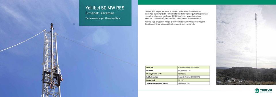 2012 tarihinde EÜ/3648-14/2217 sayılı üretim lisansı verilmiştir. Yellibel RES projesinde rüzgar ölçümlerimiz devam etmektedir.