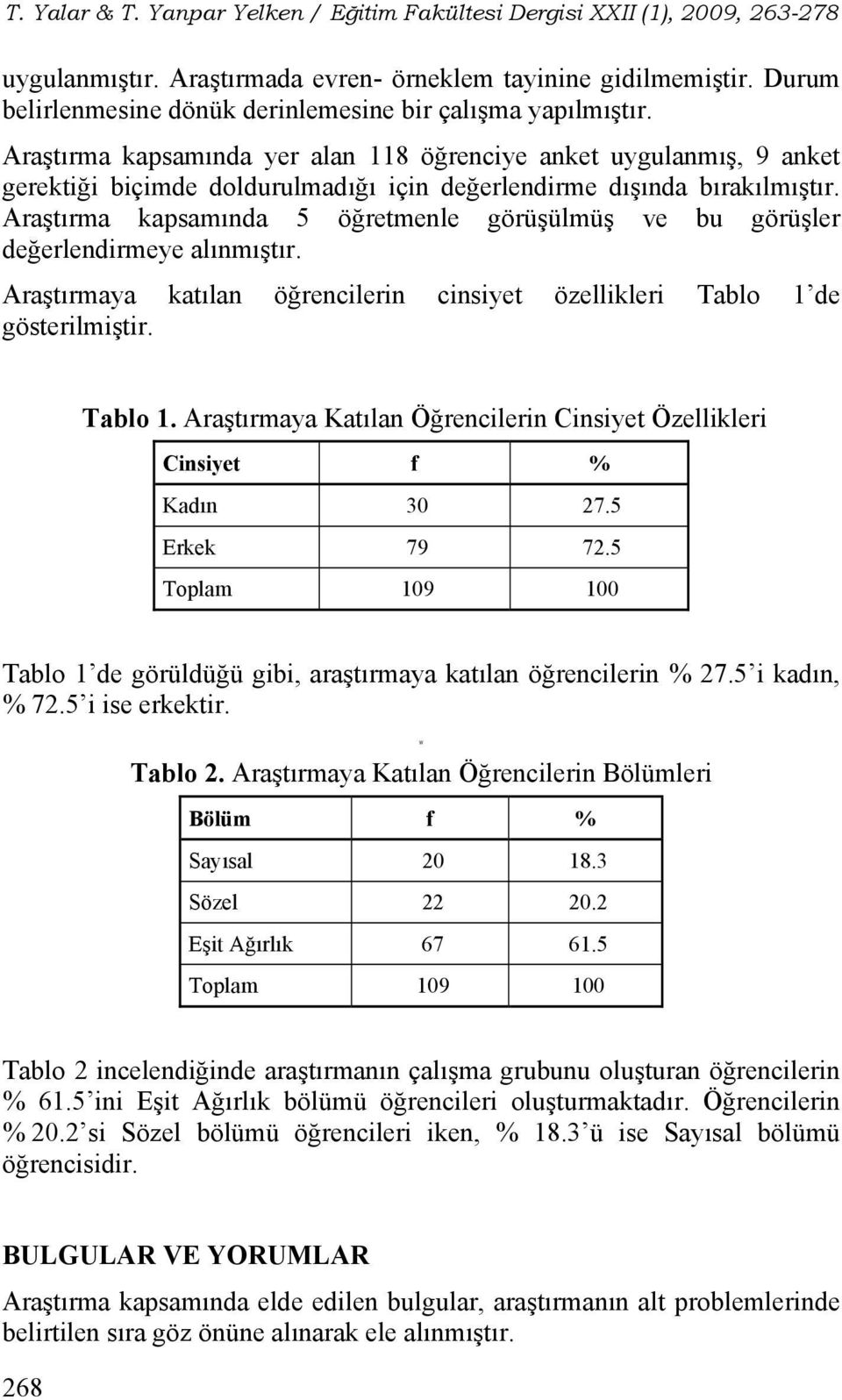 Araştırma kapsamında 5 öğretmenle görüşülmüş ve bu görüşler değerlendirmeye alınmıştır. Araştırmaya katılan öğrencilerin cinsiyet özellikleri Tablo 1 