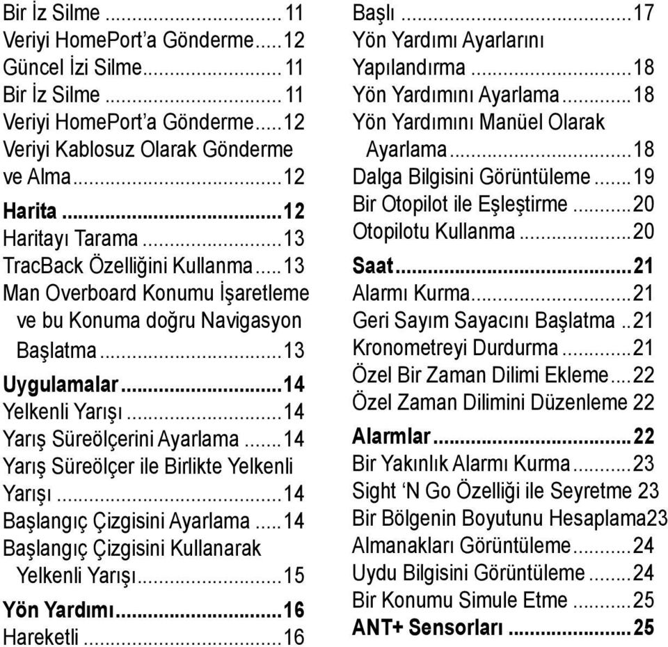 ..14 Yarış Süreölçer ile Birlikte Yelkenli Yarışı...14 Başlangıç Çizgisini Ayarlama...14 Başlangıç Çizgisini Kullanarak Yelkenli Yarışı...15 Yön Yardımı...16 Hareketli...16 Başlı.