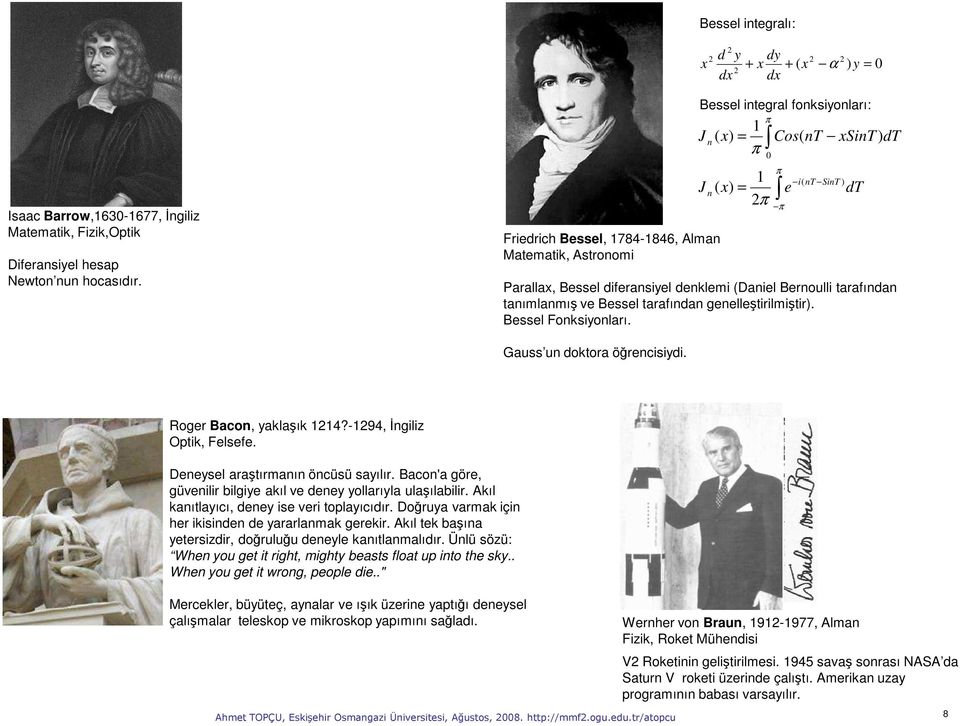 ve Bessel tarafından genelleştirilmiştir). Bessel Fonksiyonları. n π 0 1 J n ( x) = 2π π π e i( nt SinT ) dt Gauss un doktora öğrencisiydi. Roger Bacon, yaklaşık 1214?-1294, İngiliz Optik, Felsefe.