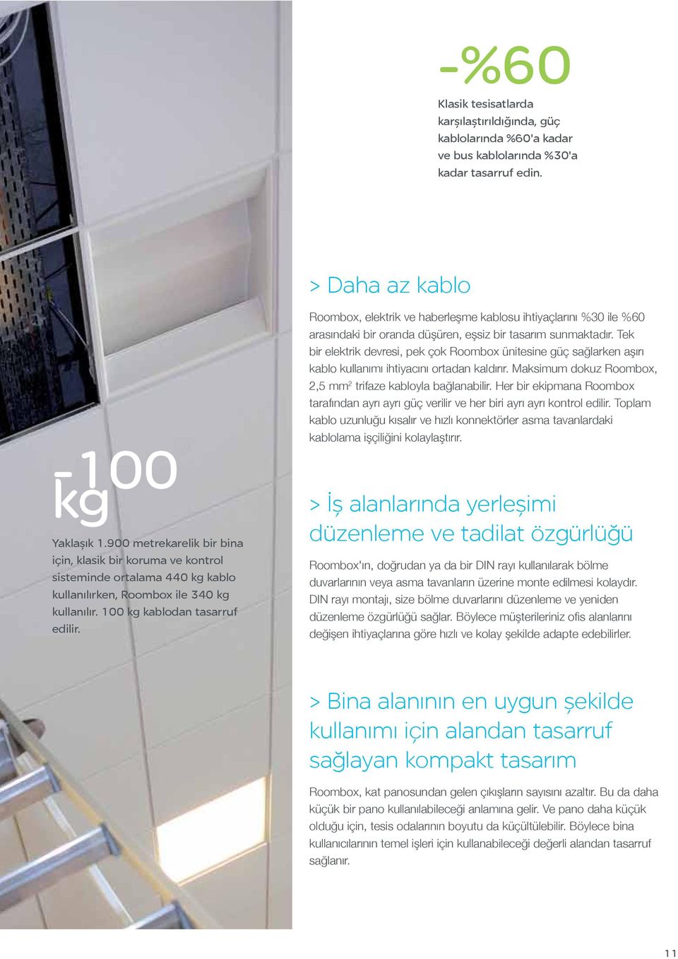 Roombox, elektrik ve haberleşme kablosu ihtiyaçlarını %30 ile %60 arasındaki bir oranda düşüren, eşsiz bir tasarım sunmaktadır.