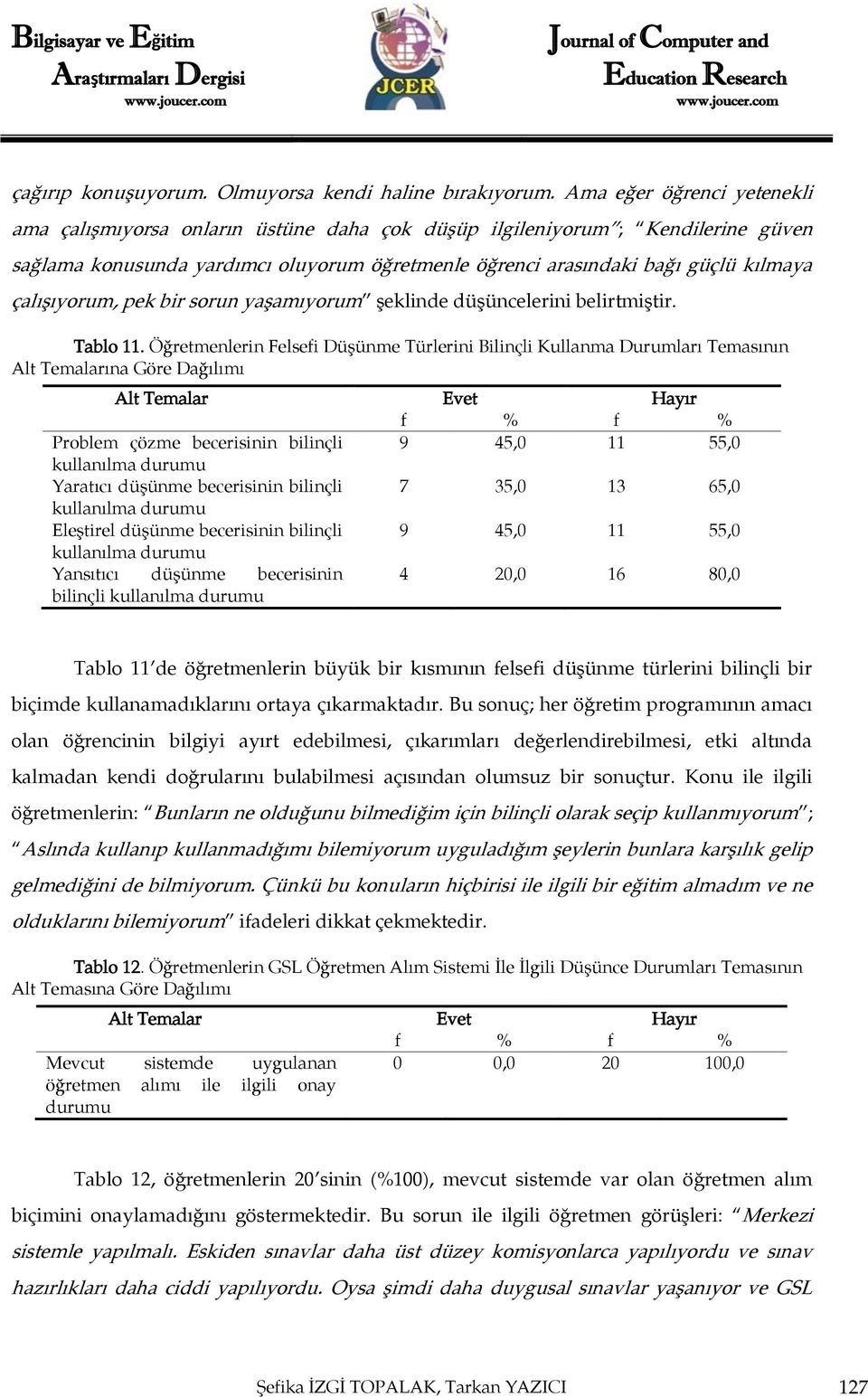 çalışıyorum, pek bir sorun yaşamıyorum şeklinde düşüncelerini belirtmiştir. Tablo 11.