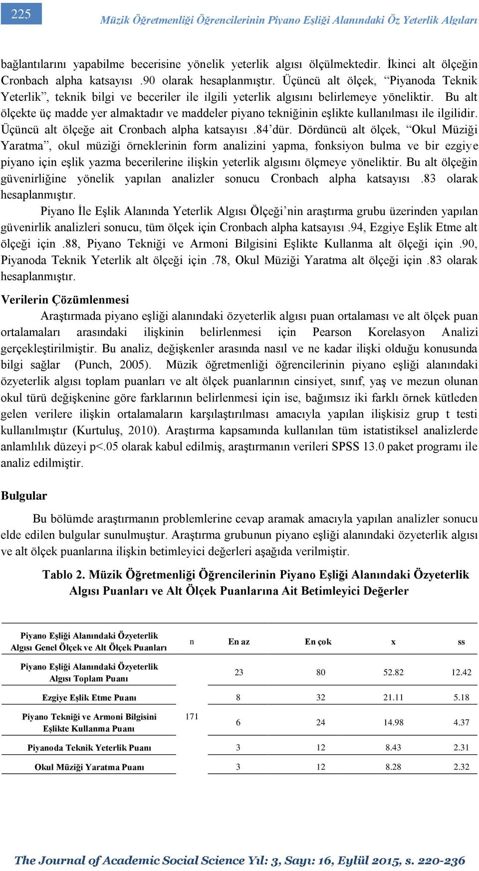 Bu alt ölçekte üç madde yer almaktadır ve maddeler piyano tekniğinin eşlikte kullanılması ile ilgilidir. Üçüncü alt ölçeğe ait Cronbach alpha katsayısı.84 dür.