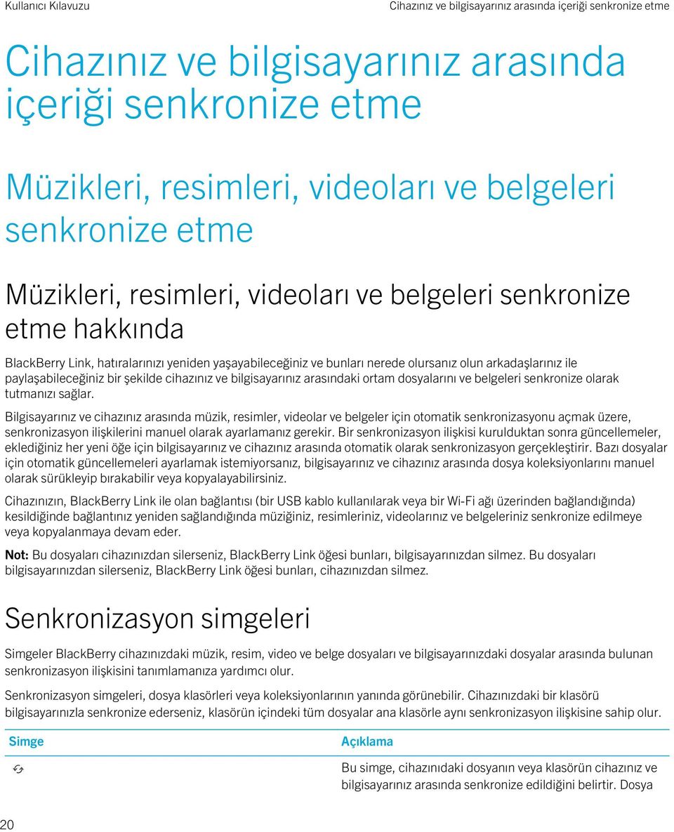 cihazınız ve bilgisayarınız arasındaki ortam dosyalarını ve belgeleri senkronize olarak tutmanızı sağlar.