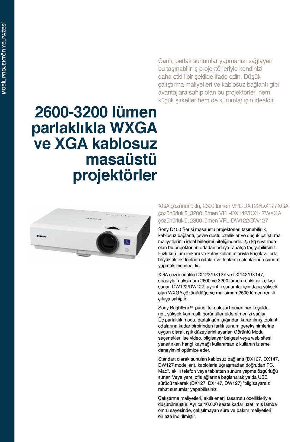 XGA çözünürlüklü, 2600 lümen VPL-DX122/DX127XGA çözünürlüklü, 3200 lümen VPL-DX142/DX147WXGA çözünürlüklü, 2800 lümen VPL-DW122/DW127 Sony D100 Serisi masaüstü projektörleri taşınabilirlik, kablosuz