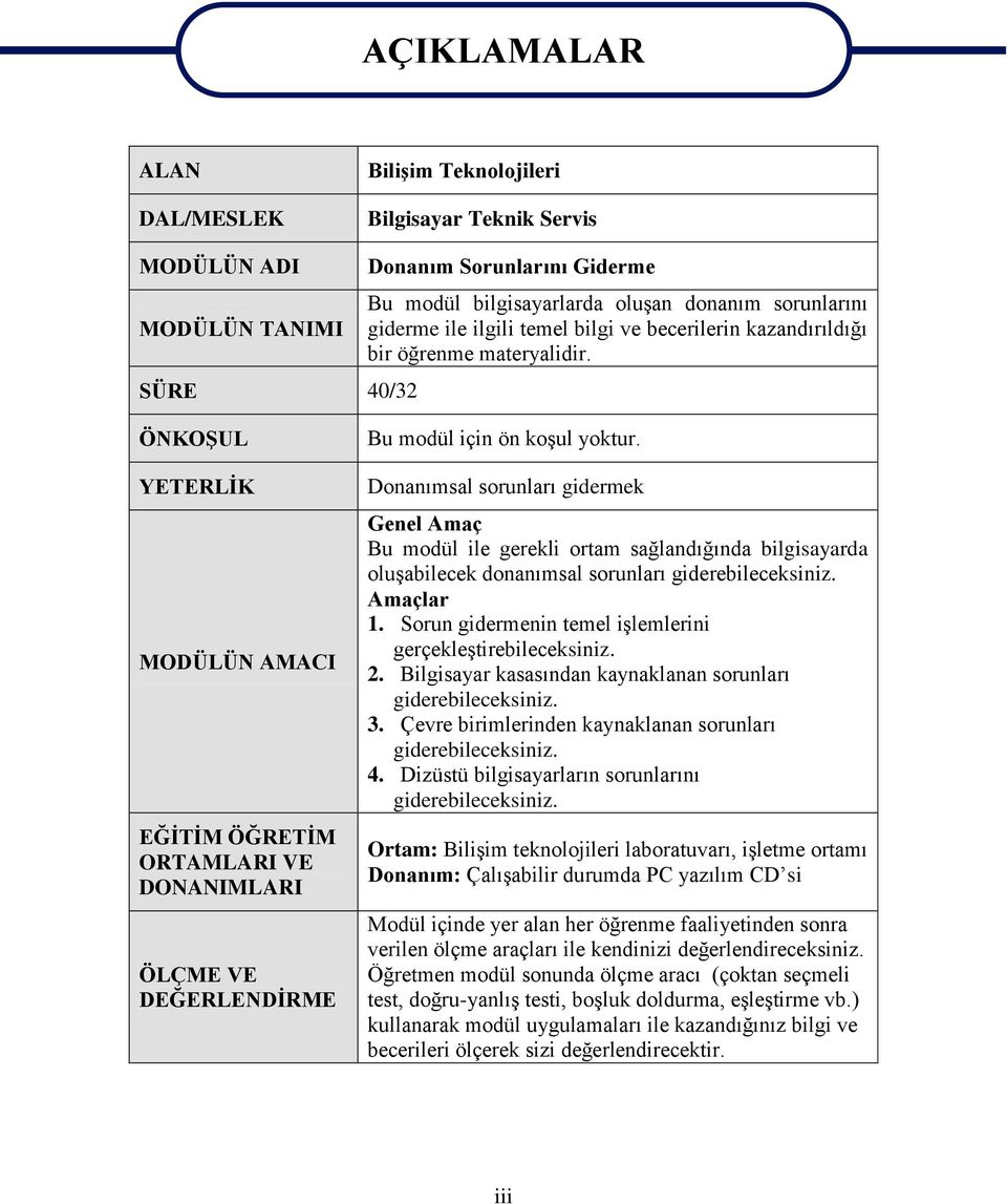 ÖNKOŞUL YETERLİK MODÜLÜN AMACI EĞİTİM ÖĞRETİM ORTAMLARI VE DONANIMLARI ÖLÇME VE DEĞERLENDİRME Bu modül için ön koşul yoktur.