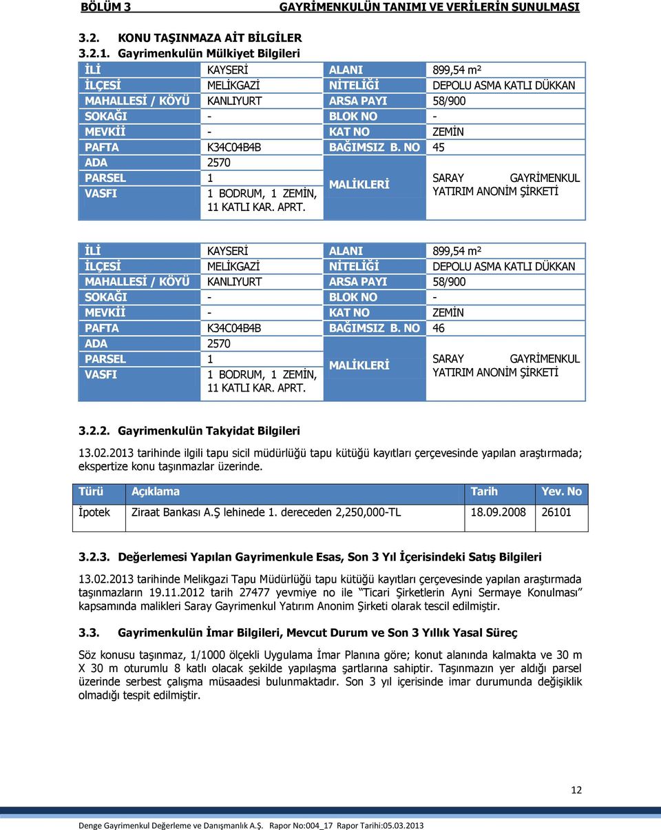 PAFTA K34C04B4B BAĞIMSIZ B. NO 45 ADA 2570 PARSEL 1 SARAY GAYRİMENKUL MALİKLERİ VASFI 1 BODRUM, 1 ZEMİN, YATIRIM ANONİM ŞİRKETİ 11 KATLI KAR. APRT.