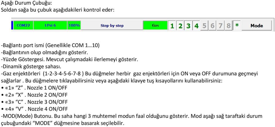 Gaz enjektörleri (1 2 3 4 5 6 7 8 ) Bu düğmeler herbir gaz enjektörleri için ON veya OFF durumuna geçmeyi sağlarlar.