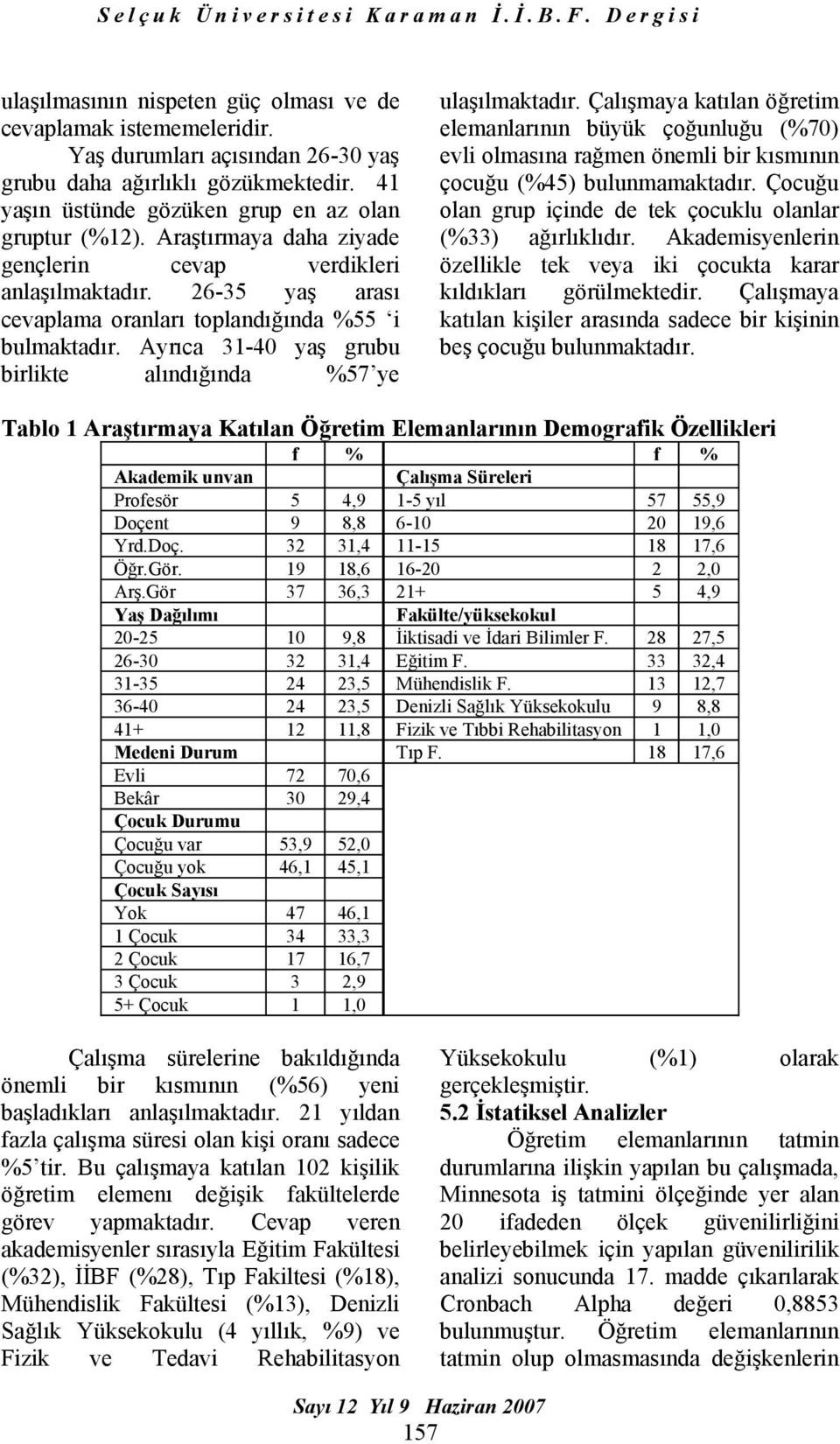 Ayrıca 31-40 yaş grubu birlikte alındığında %57 ye ulaşılmaktadır. Çalışmaya katılan öğretim elemanlarının büyük çoğunluğu (%70) evli olmasına rağmen önemli bir kısmının çocuğu (%45) bulunmamaktadır.