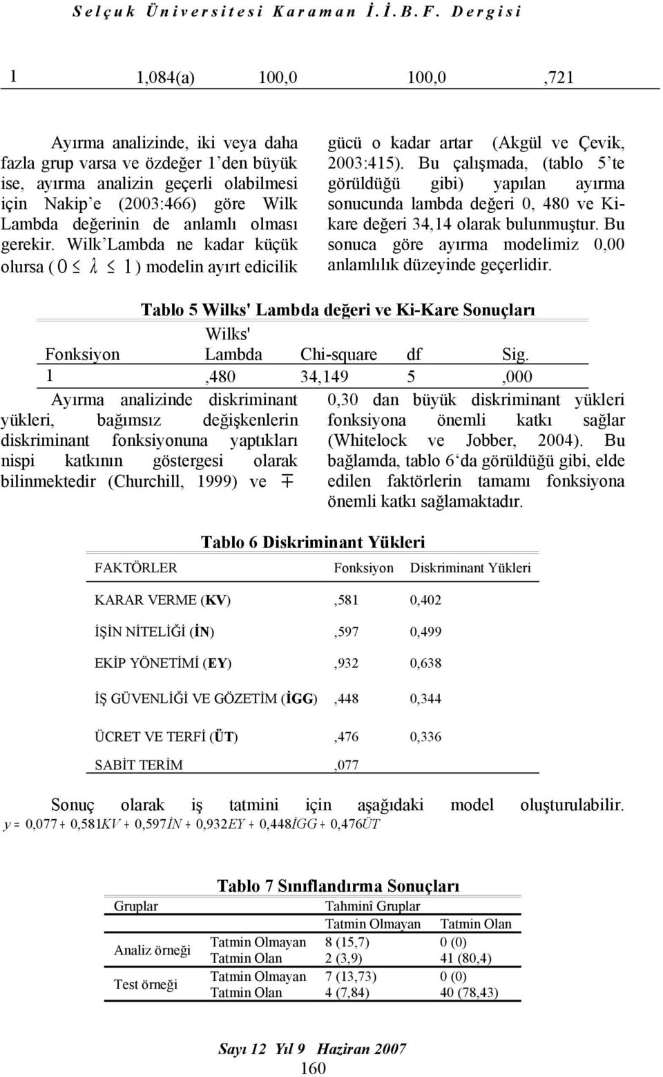 Bu çalışmada, (tablo 5 te görüldüğü gibi) yapılan ayırma sonucunda lambda değeri 0, 480 ve Kikare değeri 34,14 olarak bulunmuştur. Bu sonuca göre ayırma modelimiz 0,00 anlamlılık düzeyinde geçerlidir.