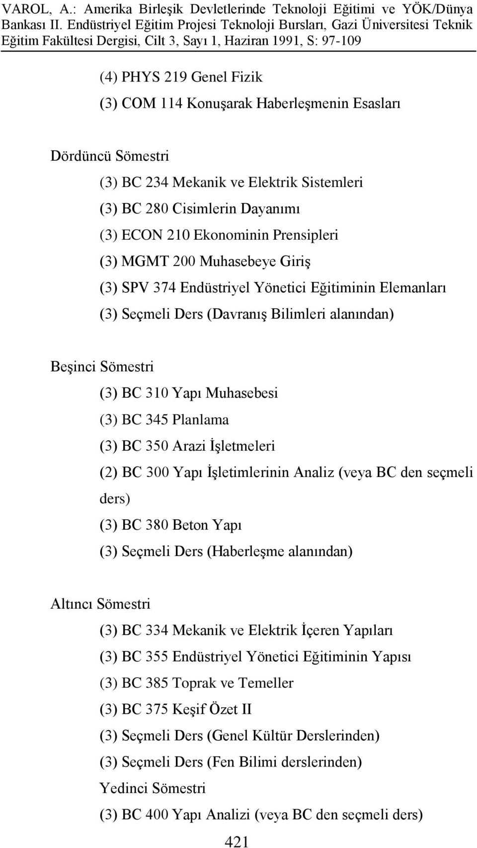 (3) BC 350 Arazi İşletmeleri (2) BC 300 Yapı İşletimlerinin Analiz (veya BC den seçmeli ders) (3) BC 380 Beton Yapı (3) Seçmeli Ders (Haberleşme alanından) Altıncı Sömestri (3) BC 334 Mekanik ve