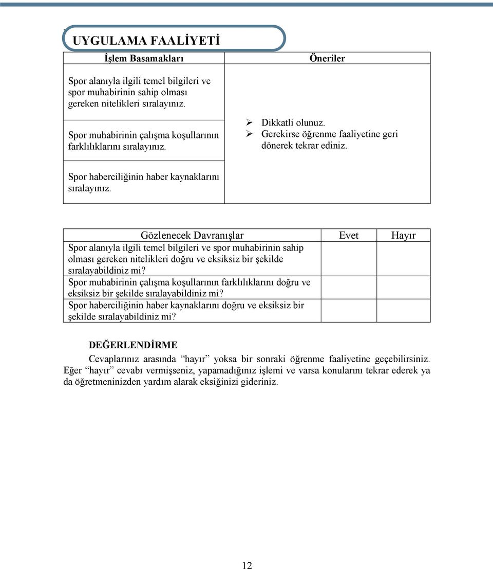 Gözlenecek Davranışlar Evet Hayır Spor alanıyla ilgili temel bilgileri ve spor muhabirinin sahip olması gereken nitelikleri doğru ve eksiksiz bir şekilde sıralayabildiniz mi?