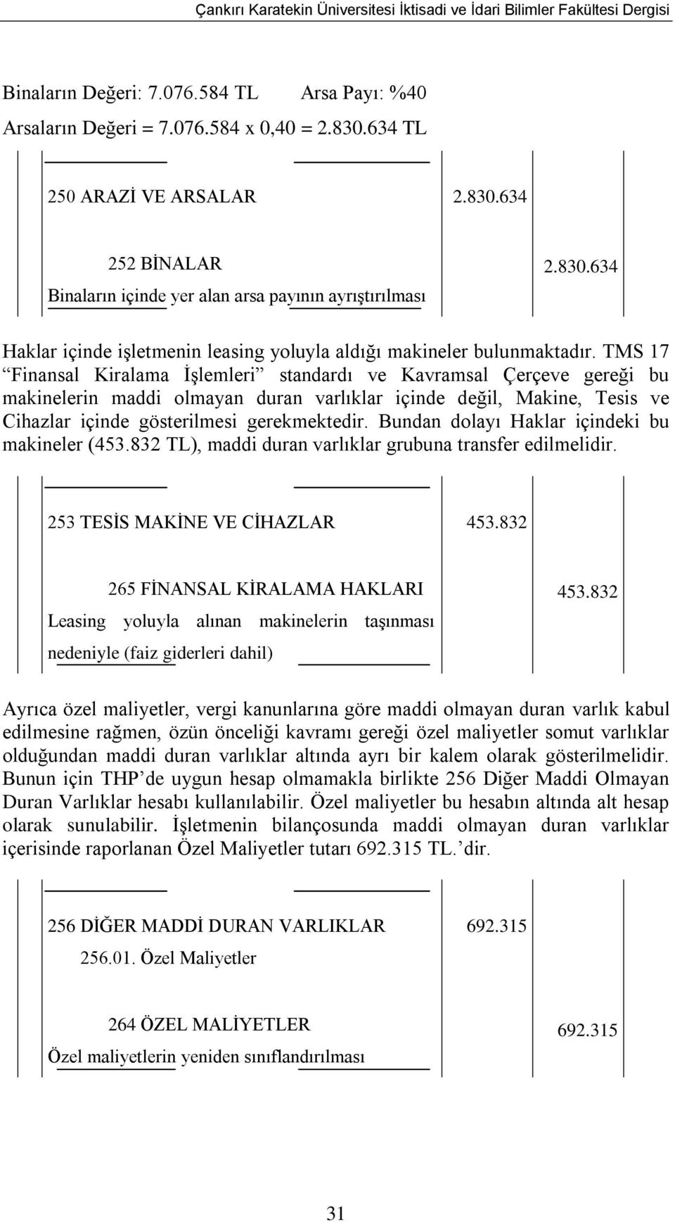 TMS 17 Finansal Kiralama İşlemleri standardı ve Kavramsal Çerçeve gereği bu makinelerin maddi olmayan duran varlıklar içinde değil, Makine, Tesis ve Cihazlar içinde gösterilmesi gerekmektedir.