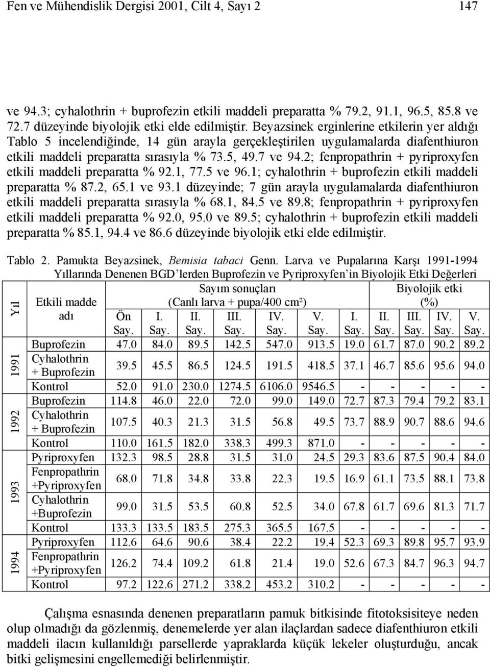 2; fenpropathrin + pyriproxyfen etkili maddeli preparatta % 92.1, 77.5 ve 96.1; cyhalothrin + buprofezin etkili maddeli preparatta % 87.2, 65.1 ve 93.