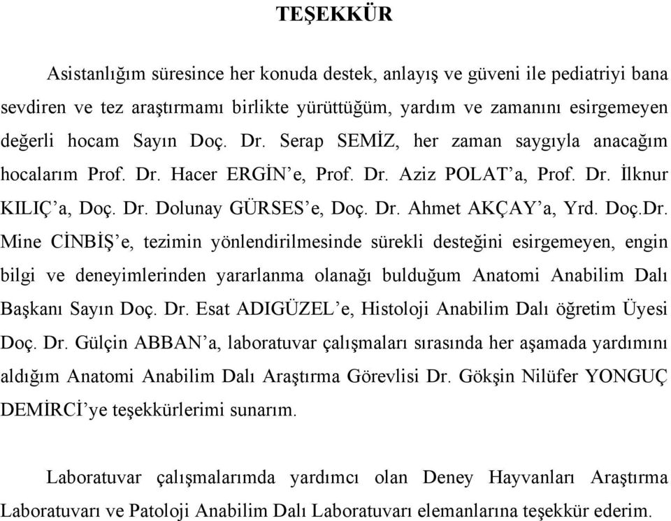 Hacer ERGİN e, Prof. Dr. Aziz POLAT a, Prof. Dr. İlknur KILIÇ a, Doç. Dr. Dolunay GÜRSES e, Doç. Dr. Ahmet AKÇAY a, Yrd. Doç.Dr. Mine CİNBİŞ e, tezimin yönlendirilmesinde sürekli desteğini esirgemeyen, engin bilgi ve deneyimlerinden yararlanma olanağı bulduğum Anatomi Anabilim Dalı Başkanı Sayın Doç.