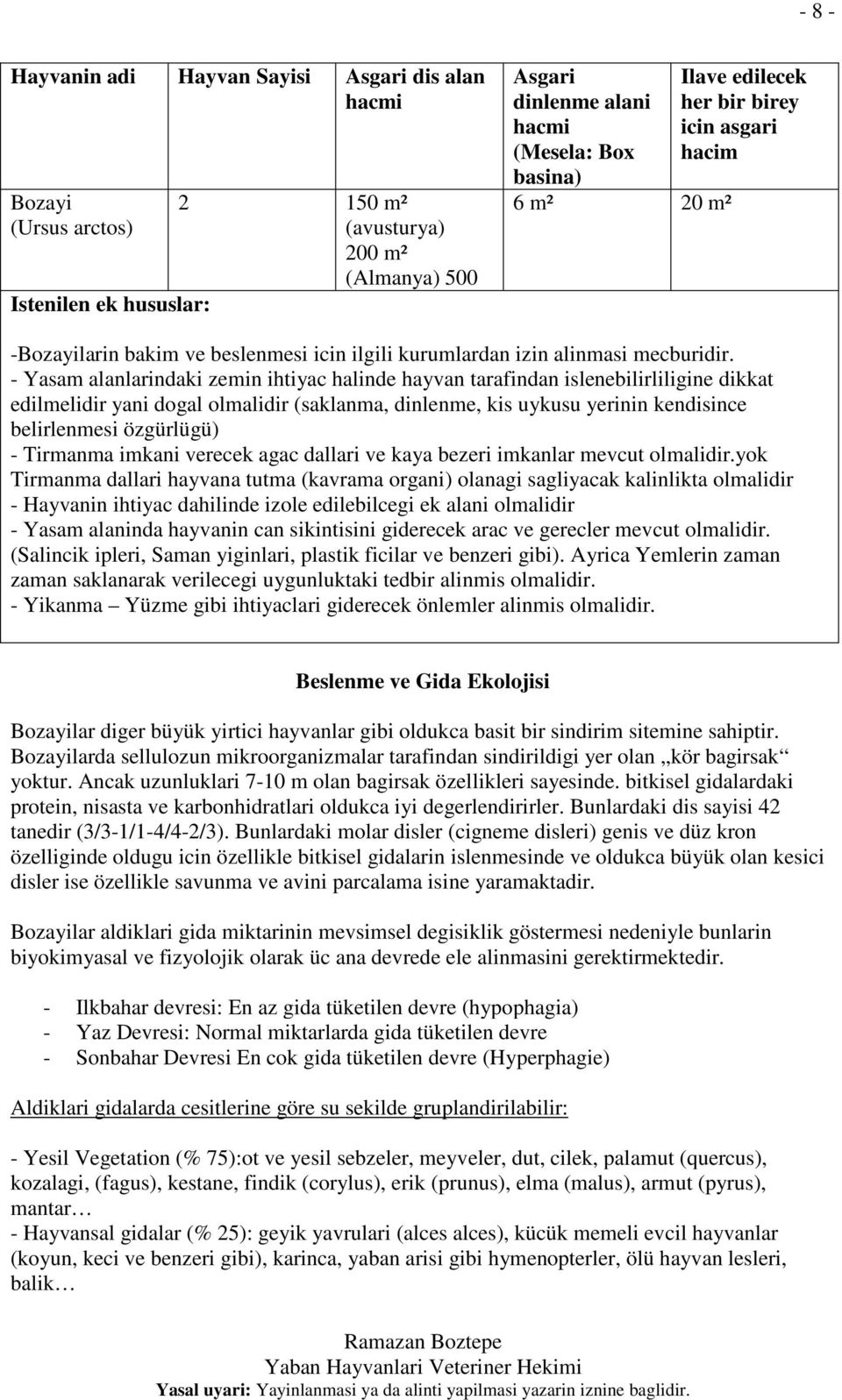 - Yasam alanlarindaki zemin ihtiyac halinde hayvan tarafindan islenebilirliligine dikkat edilmelidir yani dogal olmalidir (saklanma, dinlenme, kis uykusu yerinin kendisince belirlenmesi özgürlügü) -