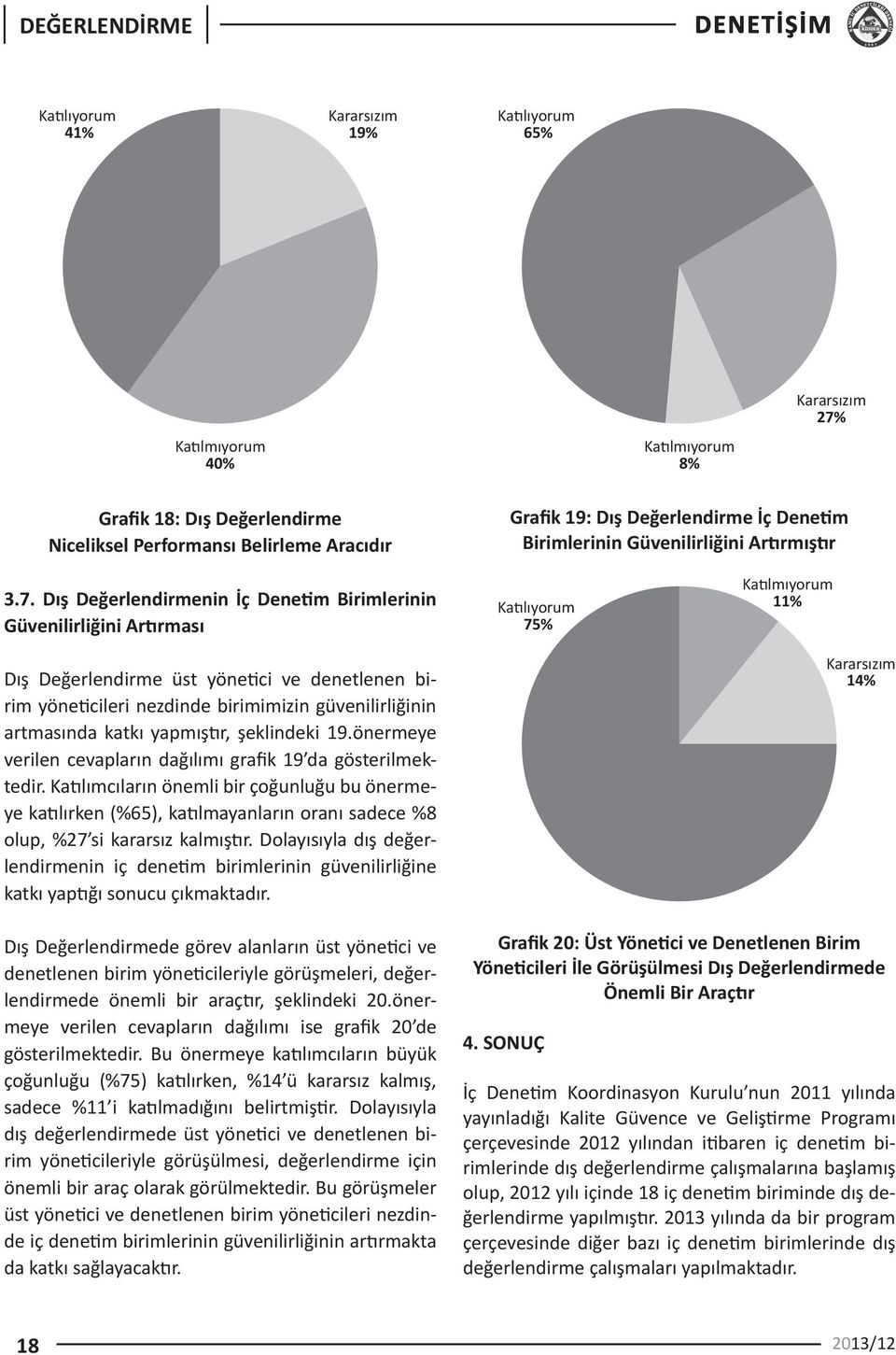 Dış Değerlendirmenin İç Denetim Birimlerinin Güvenilirliğini Artırması Dış Değerlendirme üst yönetici ve denetlenen birim yöneticileri nezdinde birimimizin güvenilirliğinin artmasında katkı