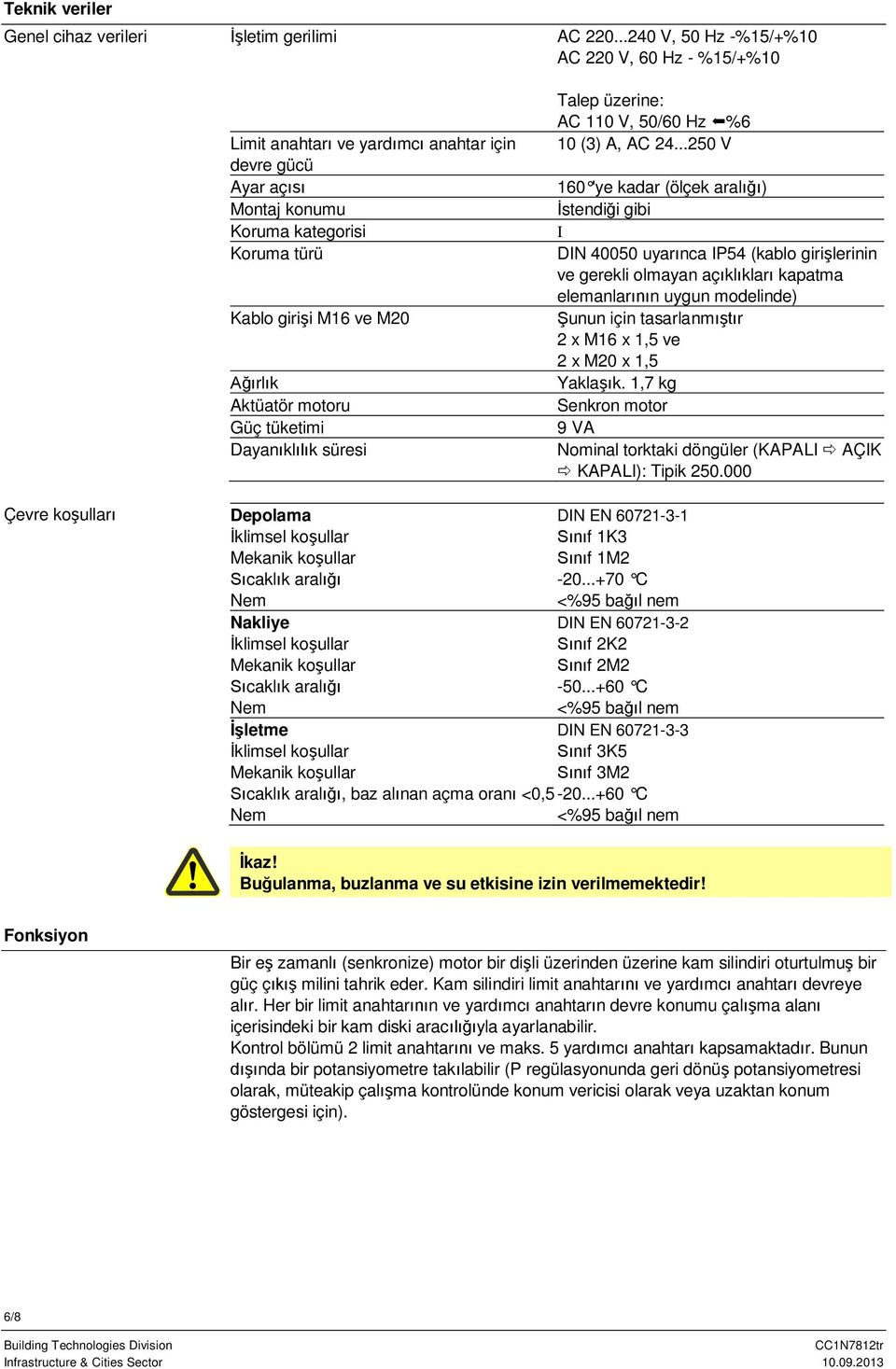 motoru Güç tüketimi Dayanıklılık süresi Talep üzerine: AC 110 V, 50/60 Hz ±%6 10 (3) A, AC 24.