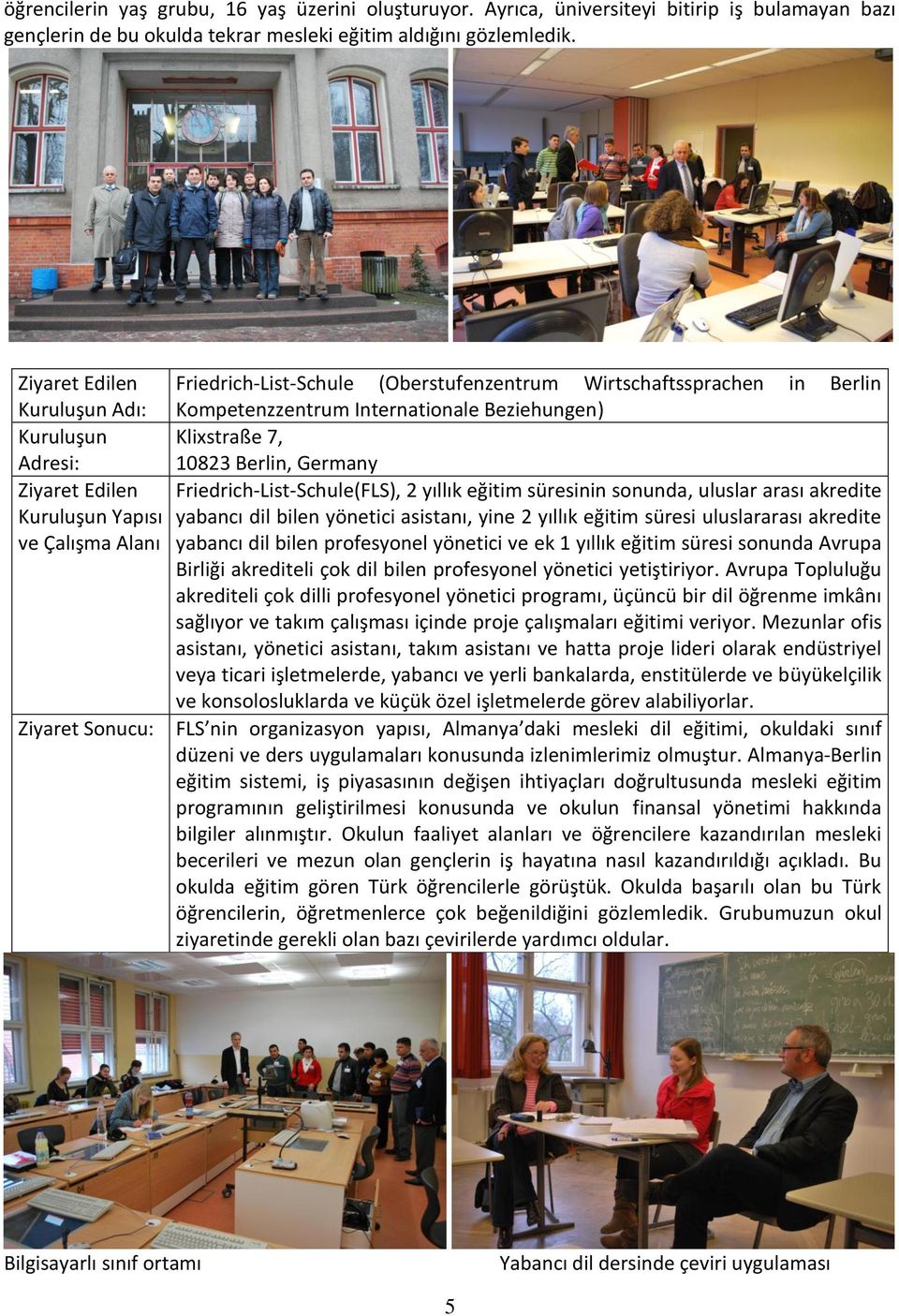 Friedrich-List-Schule(FLS), 2 yıllık eğitim süresinin sonunda, uluslar arası akredite Kuruluşun Yapısı yabancı dil bilen yönetici asistanı, yine 2 yıllık eğitim süresi uluslararası akredite ve