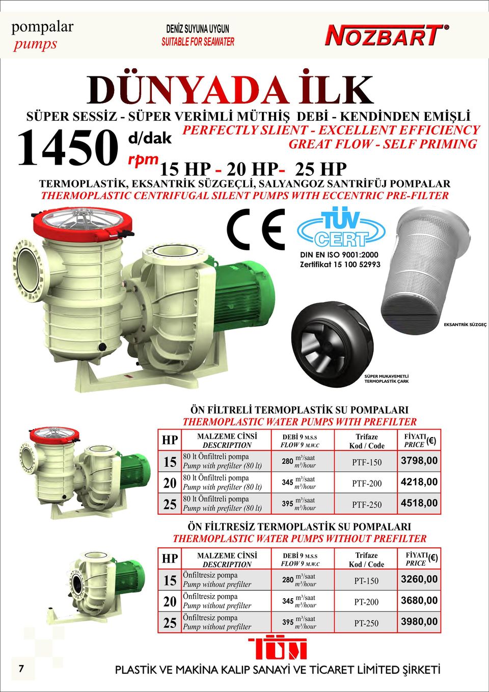 15 2 25 HP 15 2 25 ÖN FİLTRELİ TERMOPLASTİK SU POMPALARI THERMOPLASTIC WATER PUMPS WITH PREFILTER 8 lt Önfiltreli pompa Pump with prefilter (8 lt) 8 lt Önfiltreli pompa Pump with prefilter (8 lt) 8