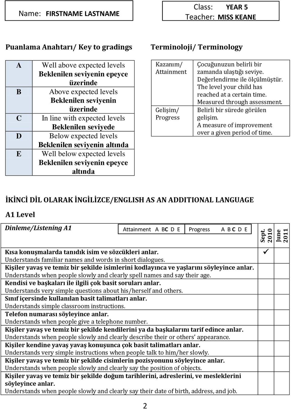 bir zamanda ulaştığı seviye. Değerlendirme ile ölçülmüştür. The level your child has reached at a certain time. Measured through assessment. Belirli bir sürede görülen gelişim.