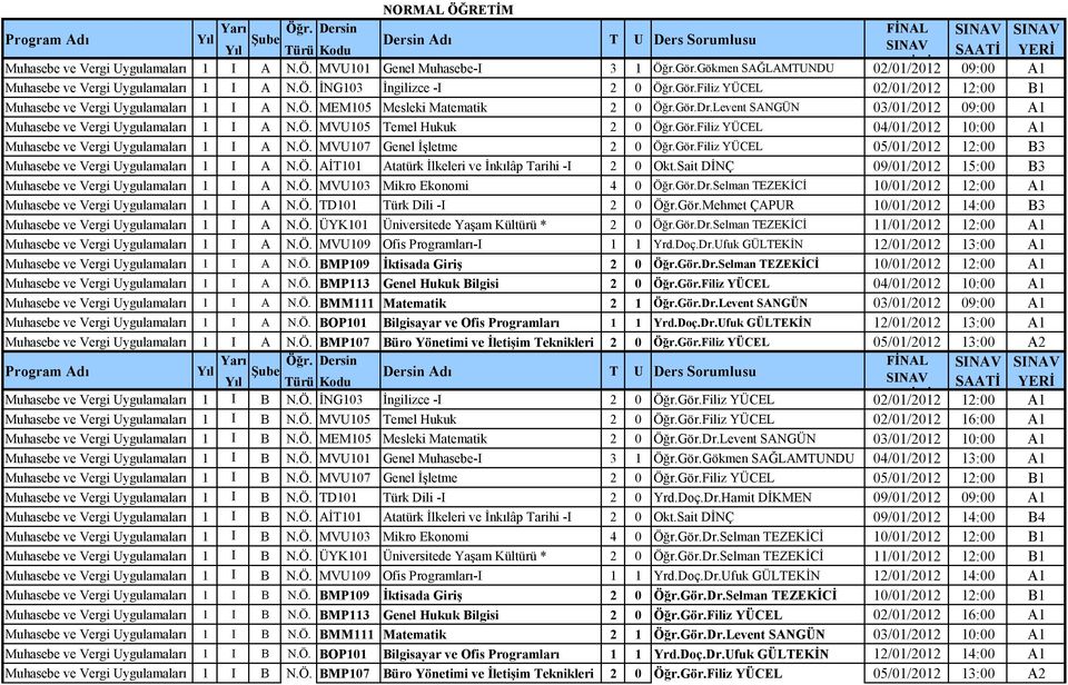 Gör.Filiz YÜCEL 04/01/2012 10:00 A1 Muhasebe ve Vergi Uygulamaları 1 I A N.Ö. MVU107 Genel İşletme 2 0 Öğr.Gör.Filiz YÜCEL 05/01/2012 12:00 B3 Muhasebe ve Vergi Uygulamaları 1 I A N.Ö. AİT101 Atatürk İlkeleri ve İnkılâp Tarihi -I 2 0 Okt.