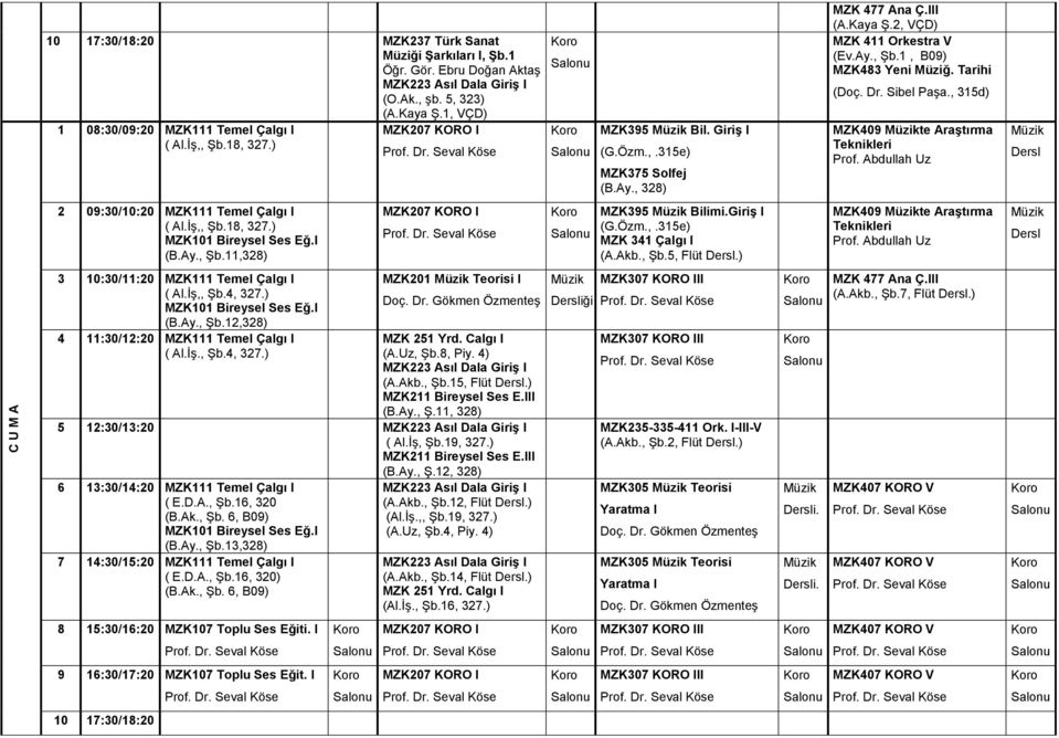 Giriş I (G.Özm.,.315e) (A.Akb., Şb.5, Flüt ) MZK409 te Araştırma Teknikleri Prof. Abdullah Uz 3 10:30/11:20 ( Al.İş,, Şb.4, 327.) (B.Ay., Şb.12,328) 4 11:30/12:20 ( Al.İş., Şb.4, 327.) MZK201 Teorisi I (A.