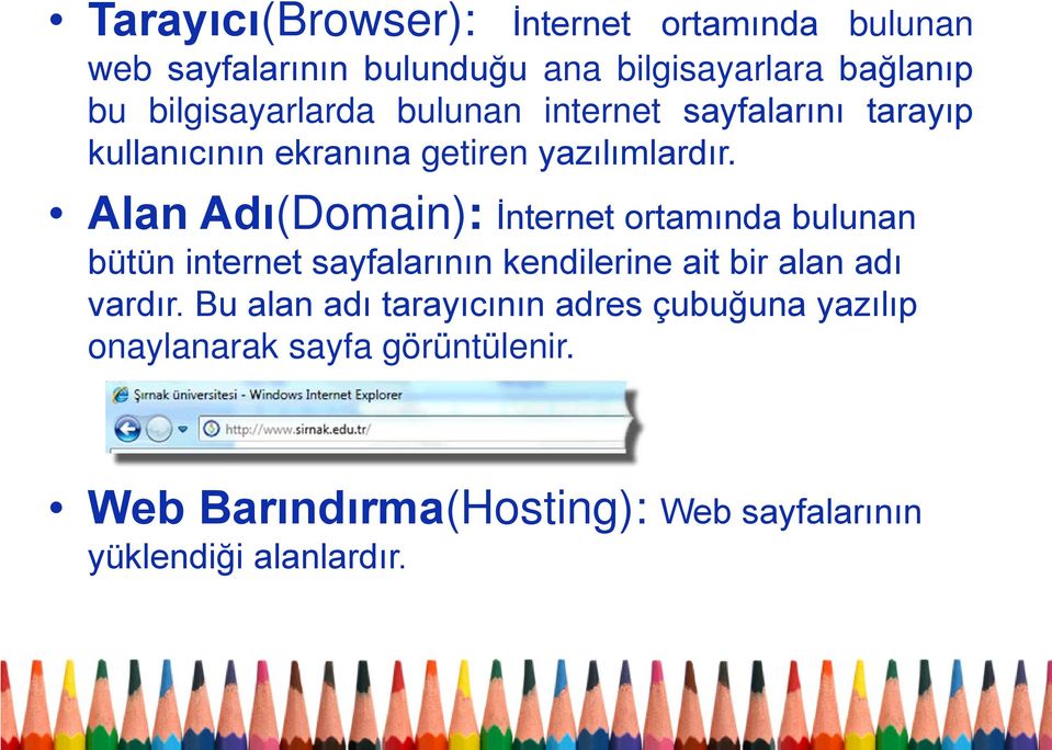 Alan Adı(Domain): İnternet ortamında bulunan bütün internet sayfalarının kendilerine ait bir alan adı vardır.