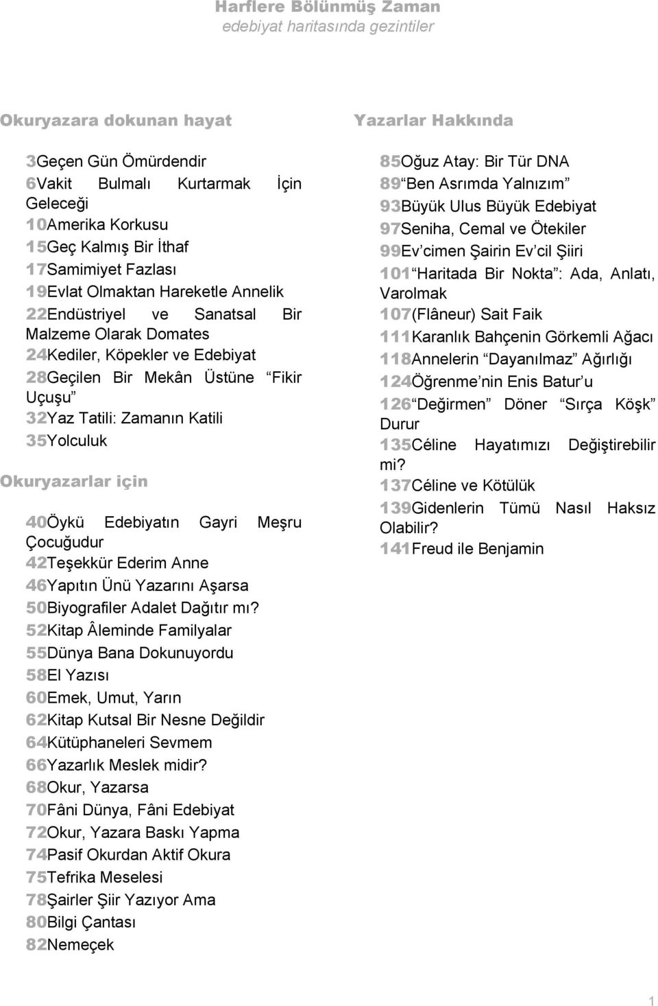 35Yolculuk Okuryazarlar için 40Öykü Edebiyatın Gayri Meşru Çocuğudur 42Teşekkür Ederim Anne 46Yapıtın Ünü Yazarını Aşarsa 50Biyografiler Adalet Dağıtır mı?