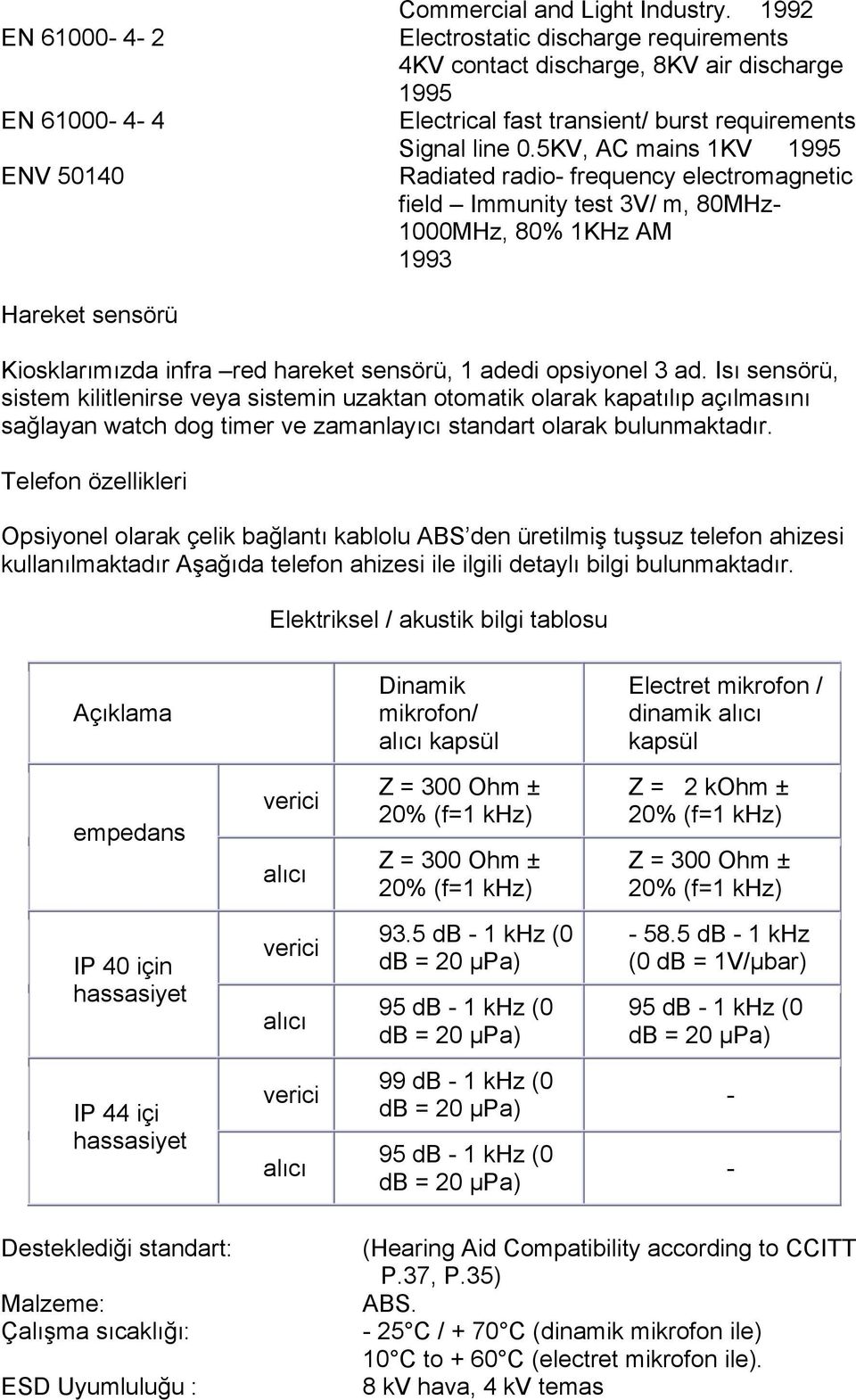 5KV, AC mains 1KV 1995 Radiated radio- frequency electromagnetic field Immunity test 3V/ m, 80MHz- 1000MHz, 80% 1KHz AM 1993 Hareket sensörü Kiosklarımızda infra red hareket sensörü, 1 adedi