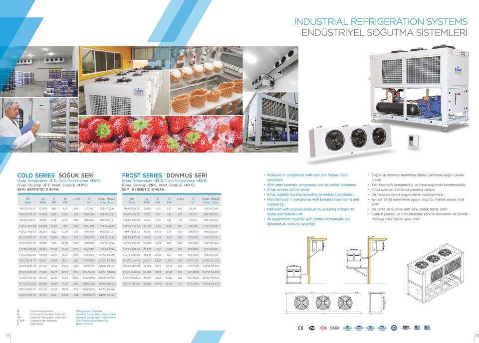 100 8,32 6,20 2,92 241/365 SE 50.21.6 FB/CS-380 SZ 22.200 10,32 7,69 2,89 366/490 SE 50.22.6 FROST SERIES DONMUŞ SERİ (Evap.Temperature -25 C, Cond.Temperature +40 C) (Evap. Sıcaklığı -25 C, Kond.
