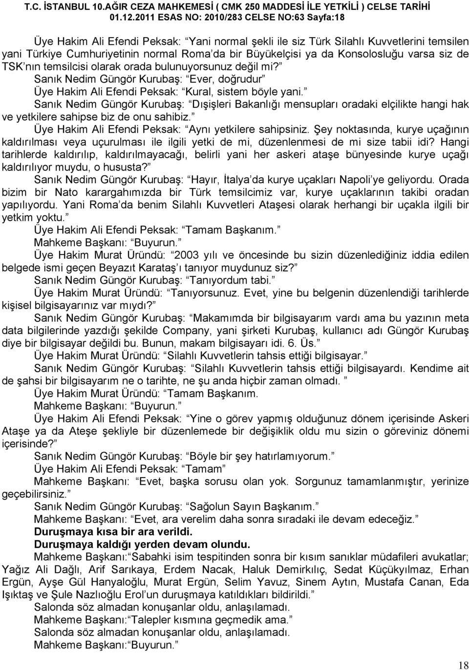 Konsolosluğu varsa siz de TSK nın temsilcisi olarak orada bulunuyorsunuz değil mi? Sanık Nedim Güngör Kurubaş: Ever, doğrudur Üye Hakim Ali Efendi Peksak: Kural, sistem böyle yani.