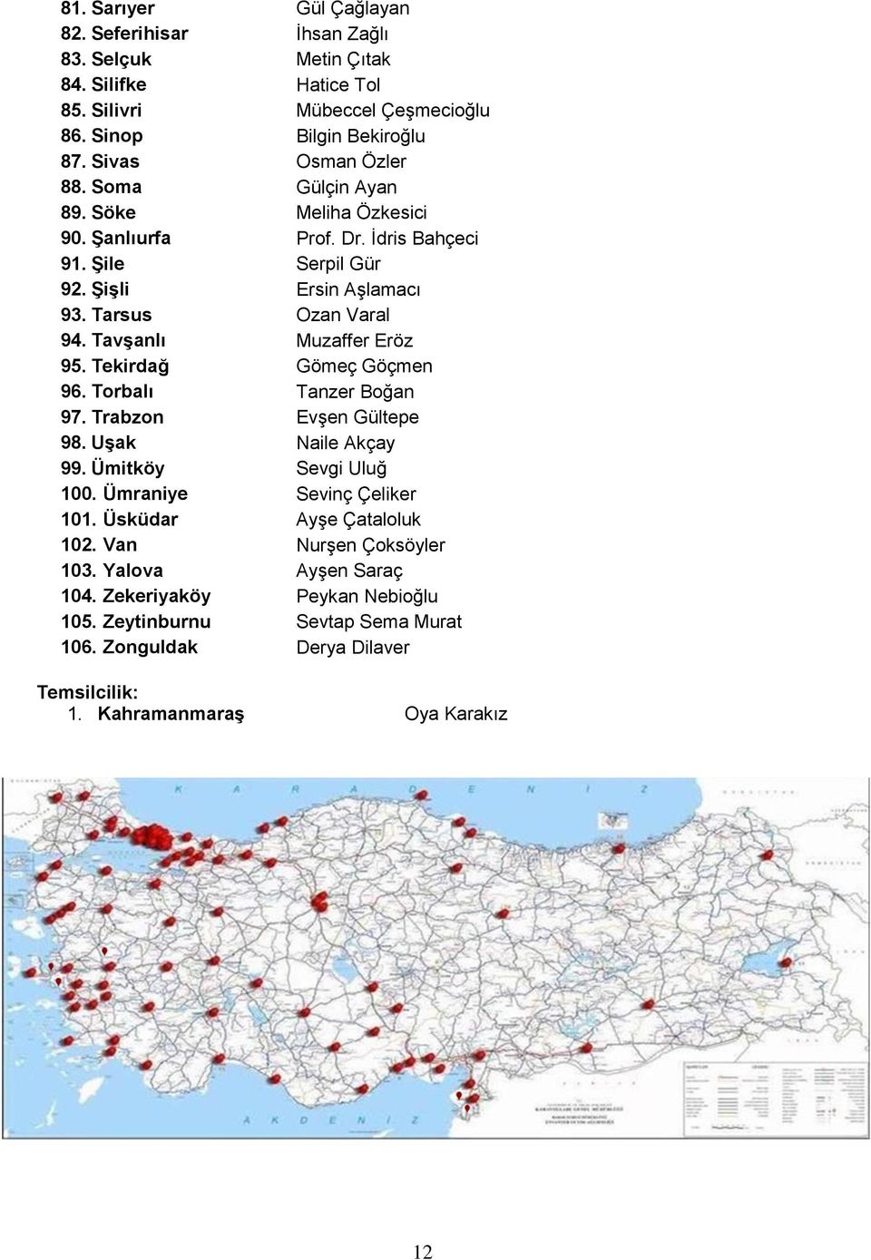 Tavşanlı Muzaffer Eröz 95. Tekirdağ Gömeç Göçmen 96. Torbalı Tanzer Boğan 97. Trabzon Evşen Gültepe 98. Uşak Naile Akçay 99. Ümitköy Sevgi Uluğ 100. Ümraniye Sevinç Çeliker 101.